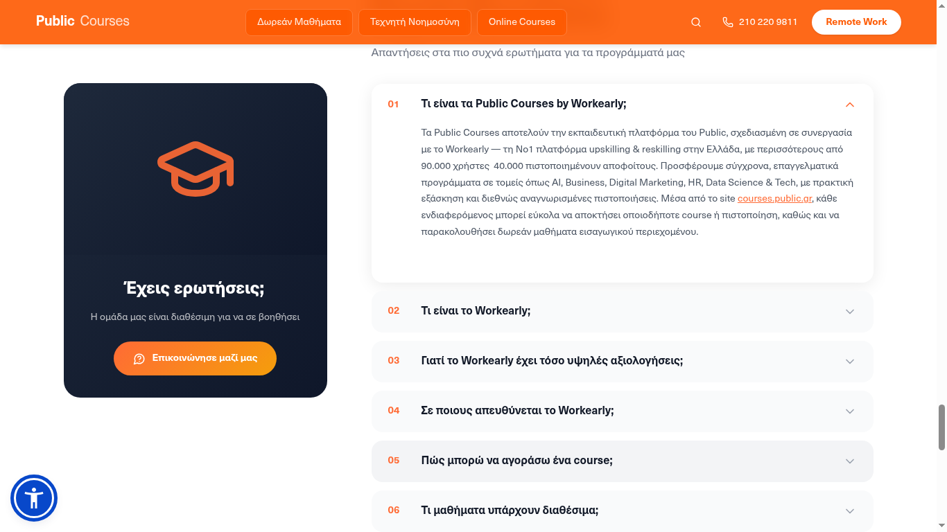 FAQ section with support card
